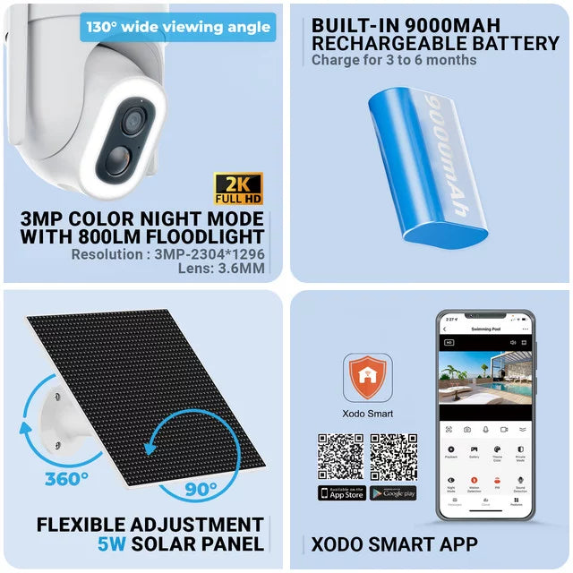 XODO E15 Solar Outdoor Wireless Camera for Home Security System, 2K 3MP Floodlight Pan-Tilt 360° View Cam with Color Night Vision, 2-Way Audio, Motion Detection, Siren, App Remote – Cloud/SD