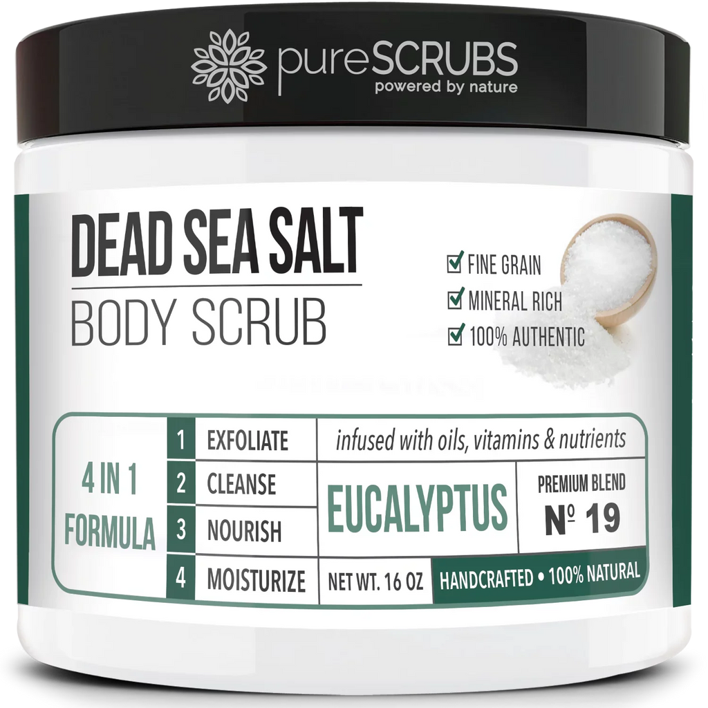 pureSCRUBS Premium Organic Body Scrub Set - Large 16oz EUCALYPTUS BODY SCRUB - Pure Dead Sea Salt Infused Organic Essential Oils & Nutrients + FREE Wooden Spoon, Loofah & Mini Exfoliating Bar Soap