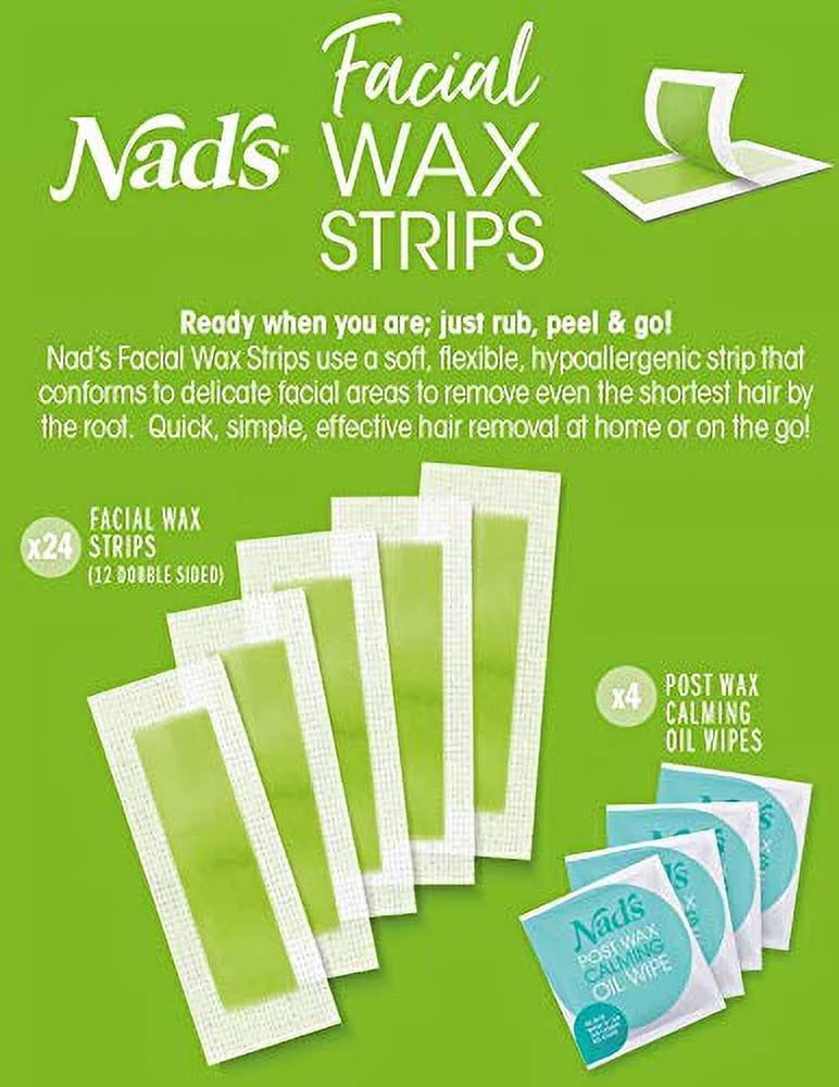 Nad's Facial Wax Strips - Facial Hair Removal for Women - Waxing Kit With 48 Face Wax Strips + 8 Calming Oil Wipes + Skin Protection Powder