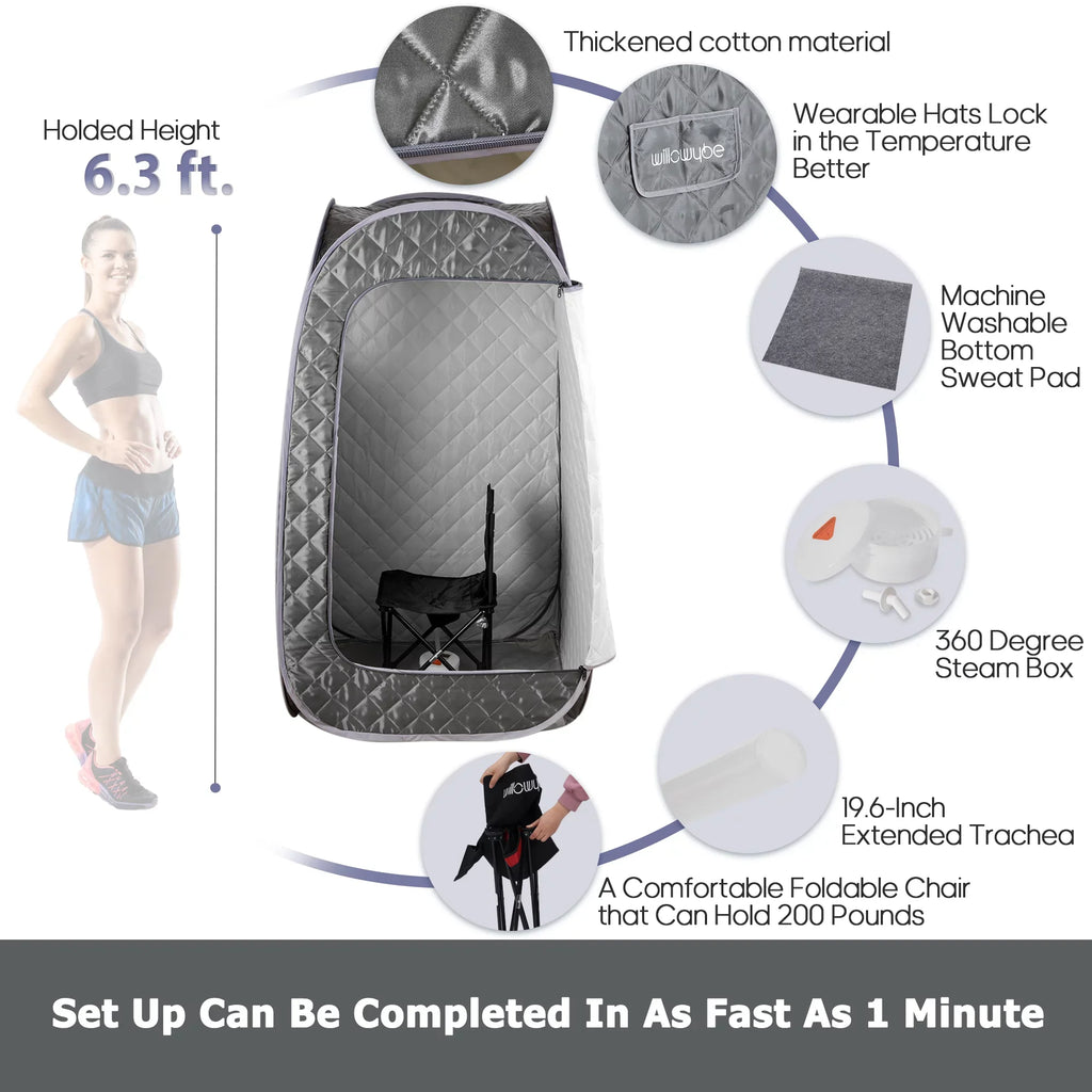 Full Size Portable Steam Sauna, Personal Home Spa with Bluetooth and Infrared Control, Steamer, Boby Tent, Foldable Chair, Portable Sauna for Home