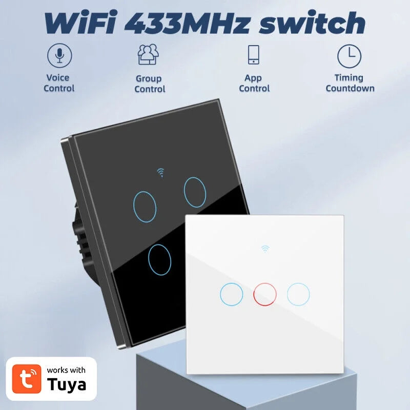 TUYA WiFi+433MHZ Smart Touch Switch Home Light Wall Glass Panel Button 3/4Gang