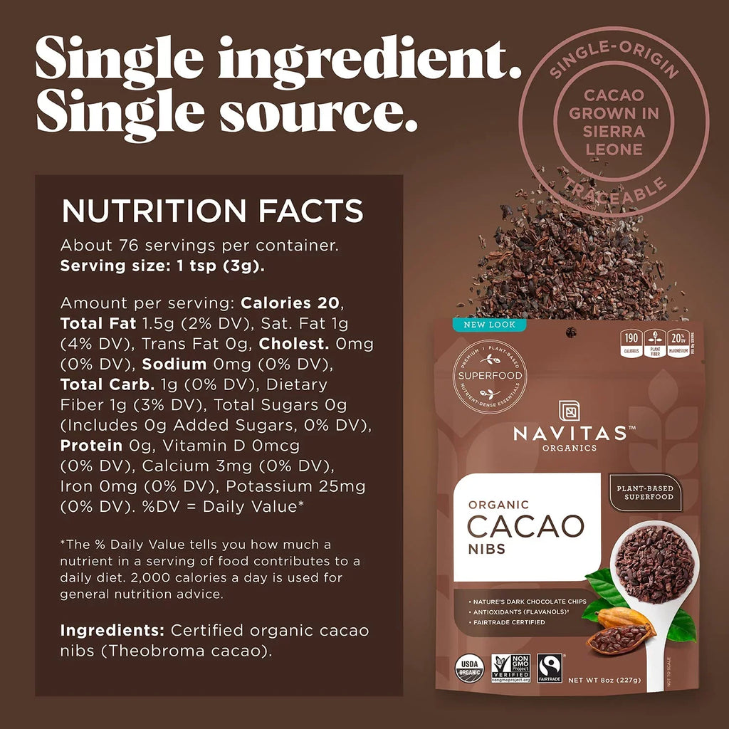 (Pack of 1) Navitas Organics Raw Cacao Nibs 8 oz. Bag 8 Servings Organic Non-GMO Fair Trade Gluten-Free