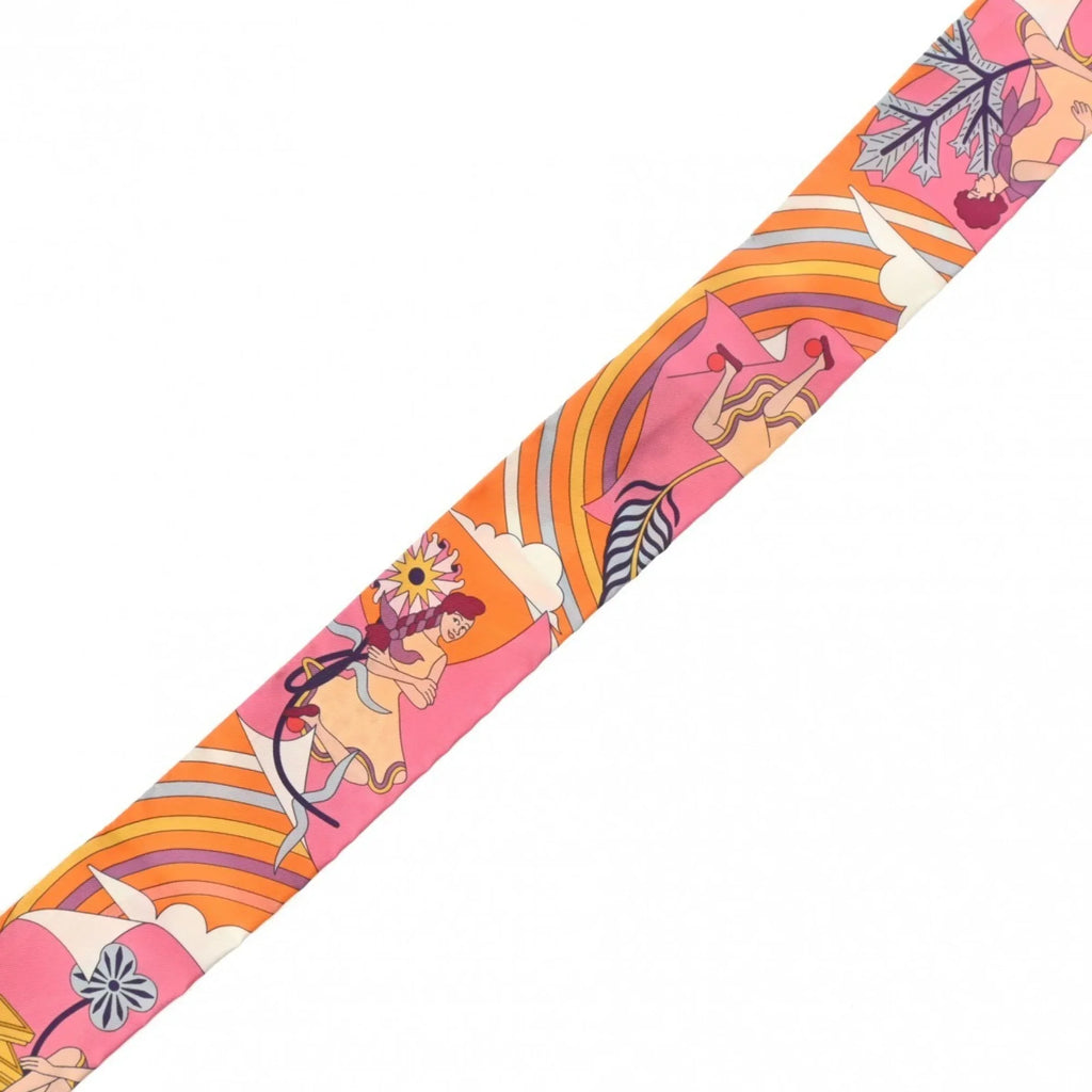 Pre-Owned HERMES Twilly Carres Volants Orange/Rose/Mauve - Women's 100% Silk Scarf Muffler (Like New)