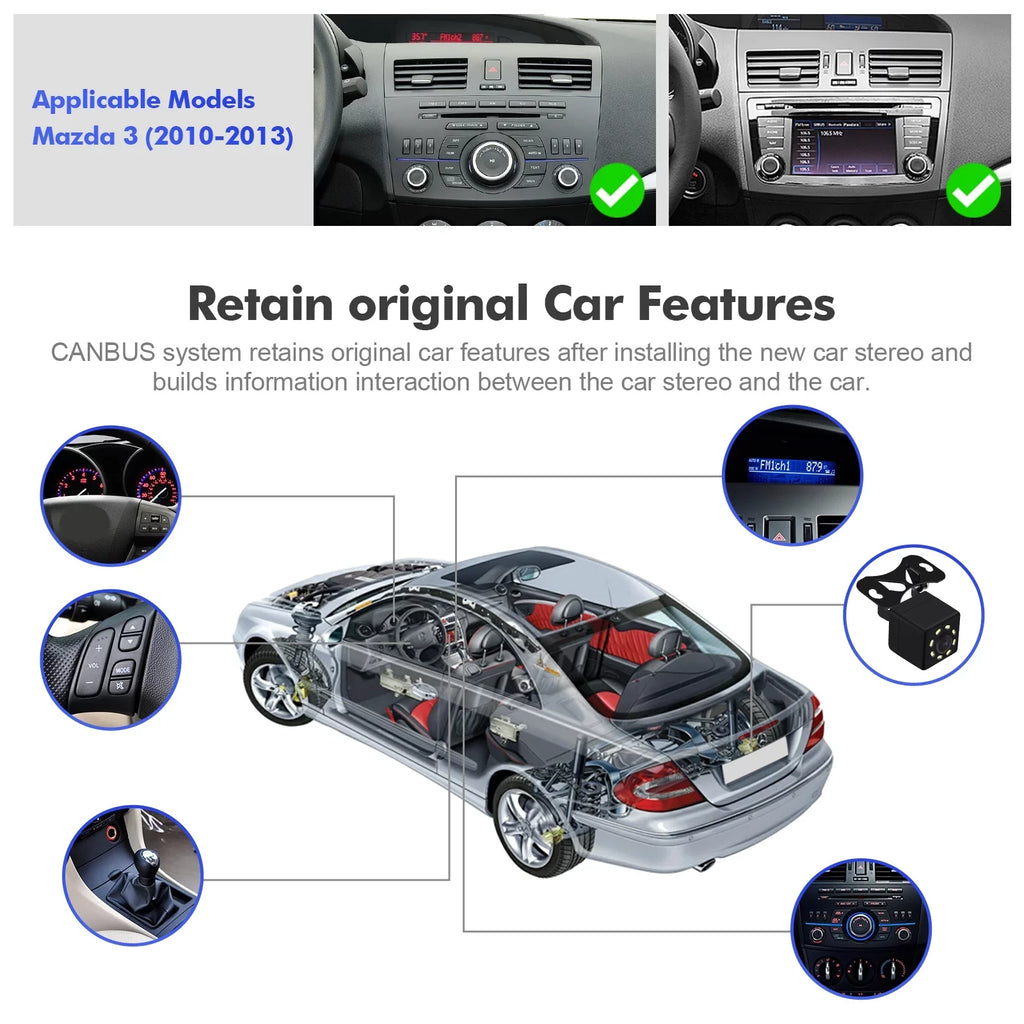 Android 10 Double Din Car stereo for Mazda 3 2010 2011 2012 2013 with 9 Inch TouchScreen Radio Built-in Wireless Carplay/Android Auto/GPS/Bluetooth/FM/AUX-in/Steering Wheel Control Backup Camera 2+32G