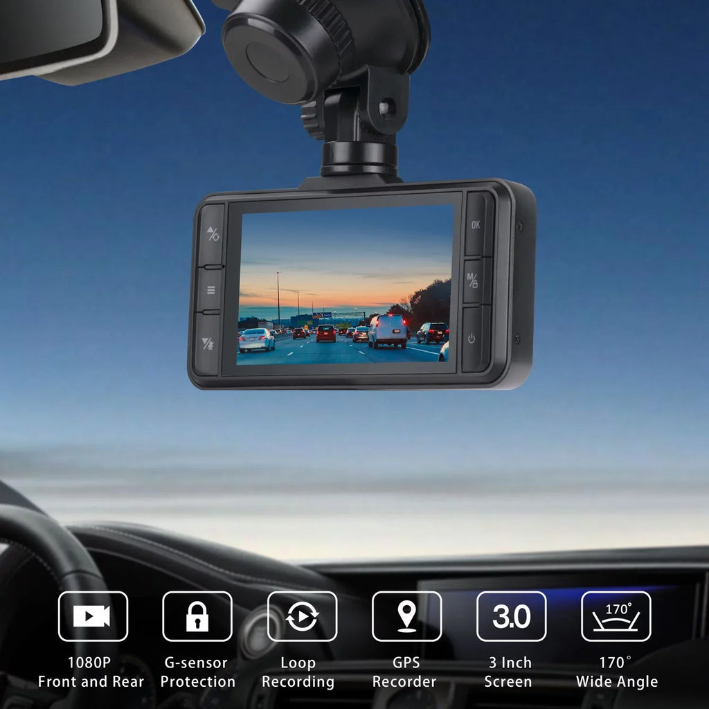 TOGUARD Dash Cam Dual 1080P FHD Front and Rear Dash Camera 3" IPS WDR GPS Car Camera Loop Recording G-Sensor Black