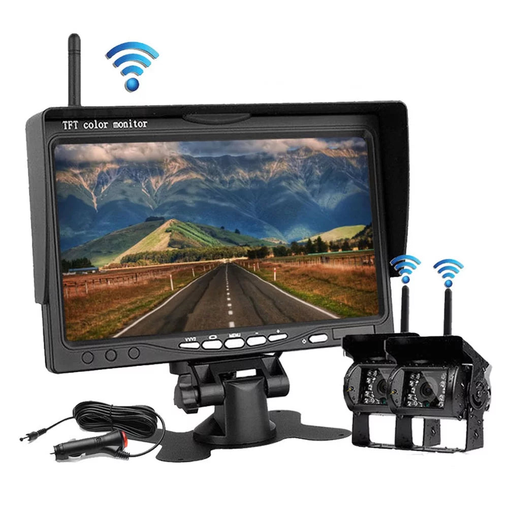 Podofo Wireless Vehicle Truck 2 Backup Parking Assistance System, Ir Night Vision Waterproof Rear View Camera + 7" Monitor for RV Truck Trailer Bus