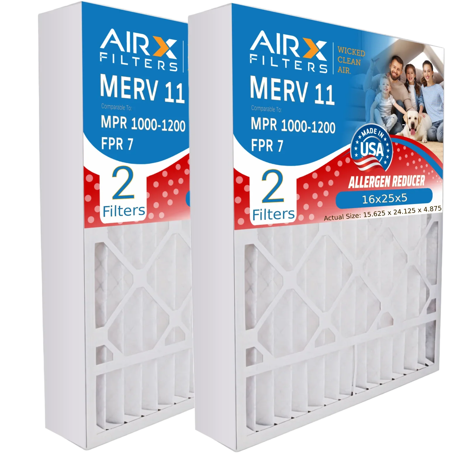 16x25x5 Air Filter MERV 11 Comparable to MPR 1000, MPR 1200 & FPR 7 Matching with Air Bear 255649-105 Premium USA Made 16x25x5 Furnace Filter 2 Pack by AIRX FILTERS WICKED CLEAN AIR.