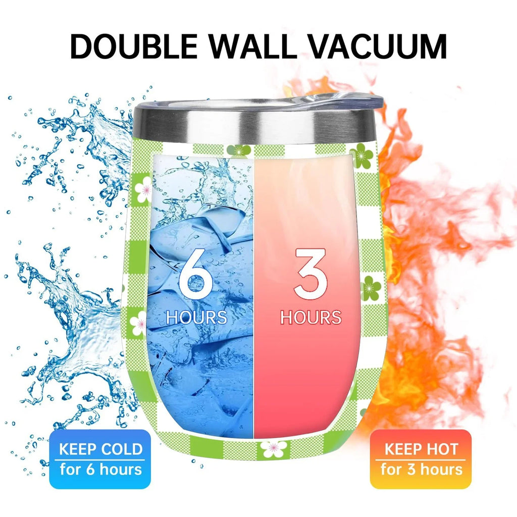 Hidove 12oz 304 Stainless Steel Vacuum Insulated Cups, Green and White Flowers Eggshell Cup U Shape Tumbler Cups with Lid, Double Layer Insulation Wine Cup Big Belly Cup