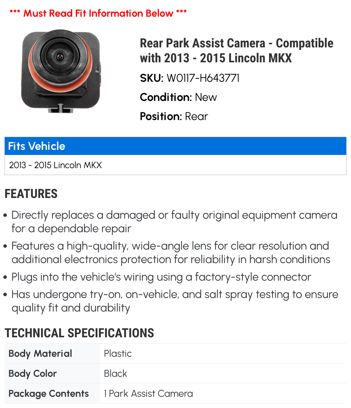 Rear Park Assist Camera - Suitable with 2013 - 2015 Lincoln MKX 2014