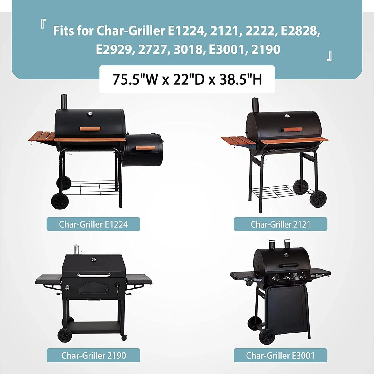 Waterproof Grill Protection for Char-Griller 11" Grill, Heavy Duty 600D Polyester with Anti-UV Coating, 75.5" x 22" x 38.5"
