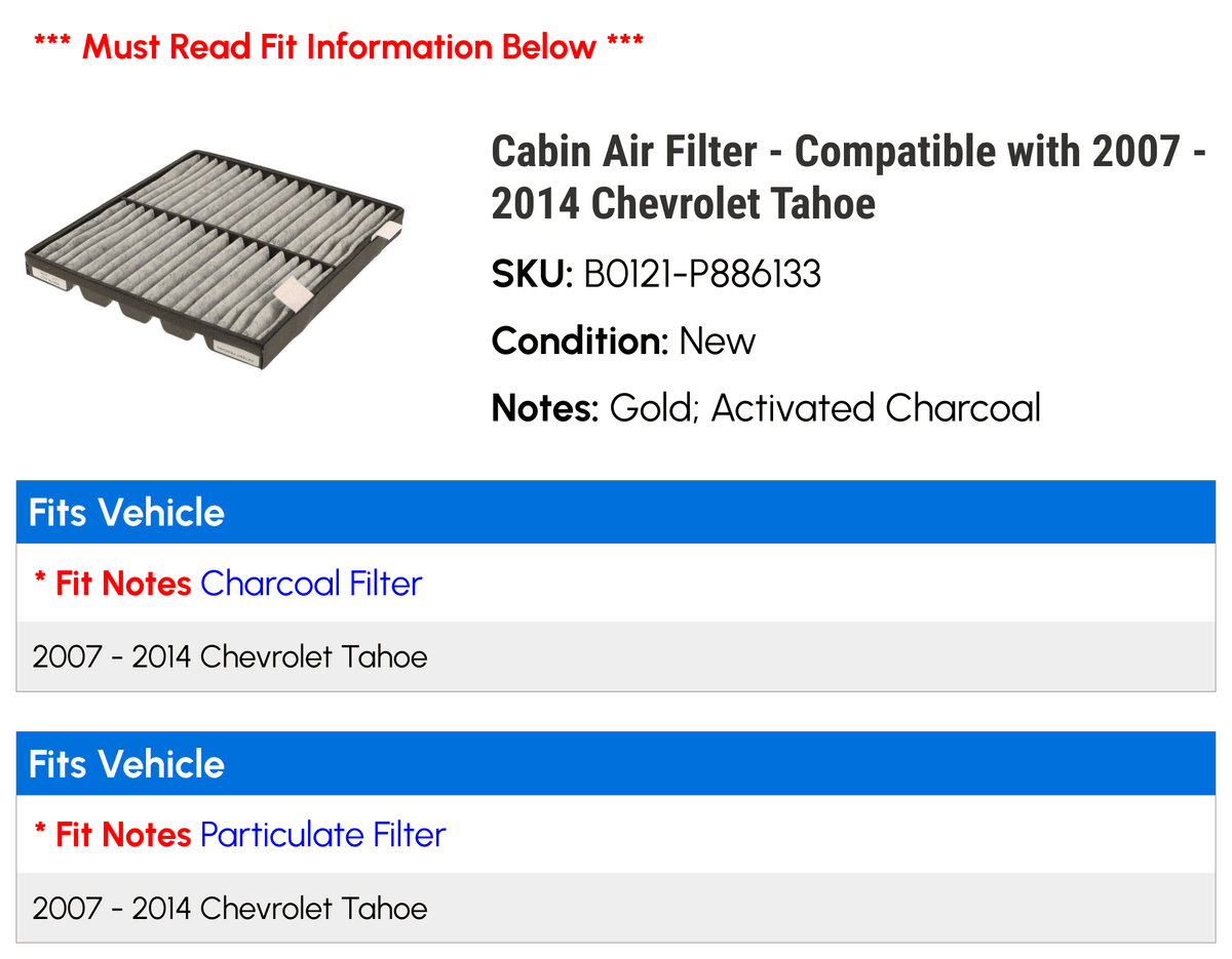 Cabin Air Filter - Fitting with 2007 - 2014 Chevy Tahoe 2008 2009 2010 2011 2012 2013
