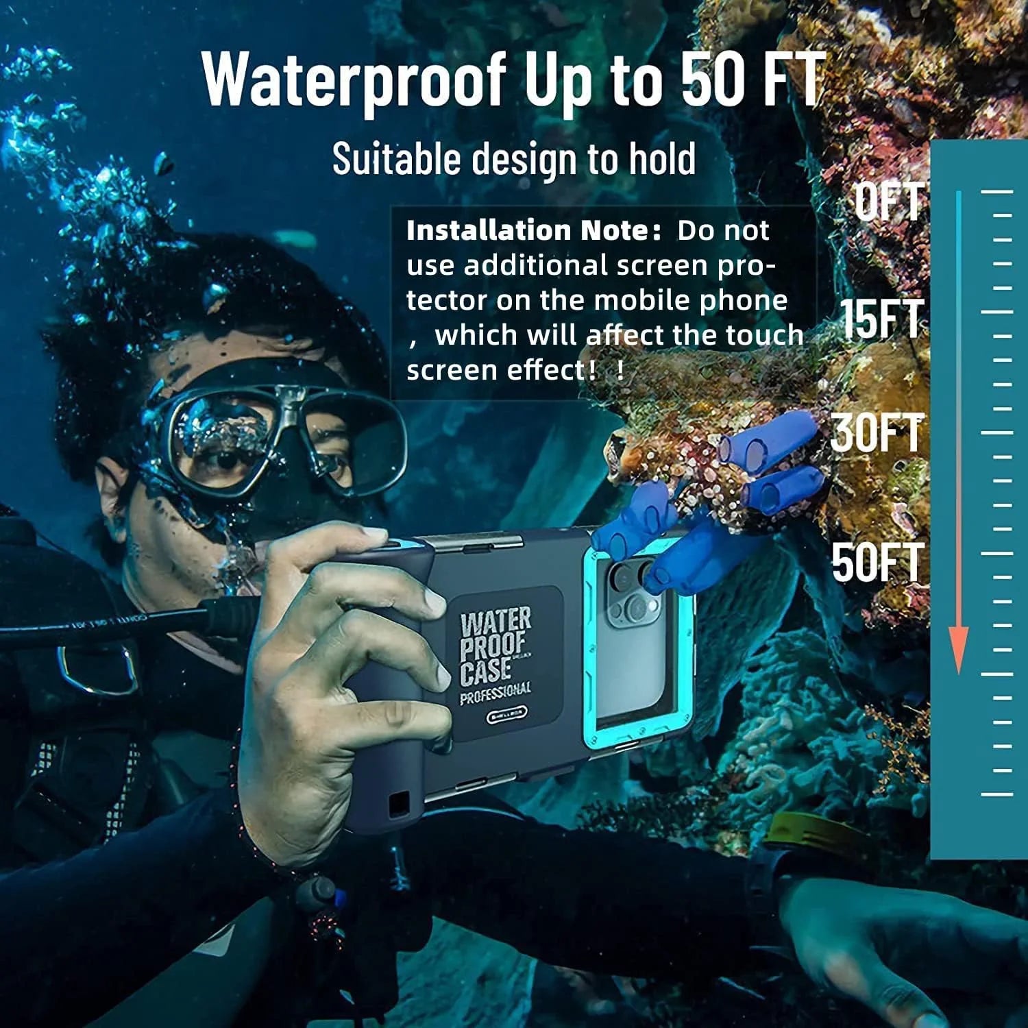 Waterproof Underwater Snorkeling Phone Case for iPhone 14/13/12/11 Pro Max Mini Xr/X/Xs/Samsung Galaxy Note10/9/8/S10/9/8 Ultra Plus Professional [15m/50ft] Photo Video Diving Wrap