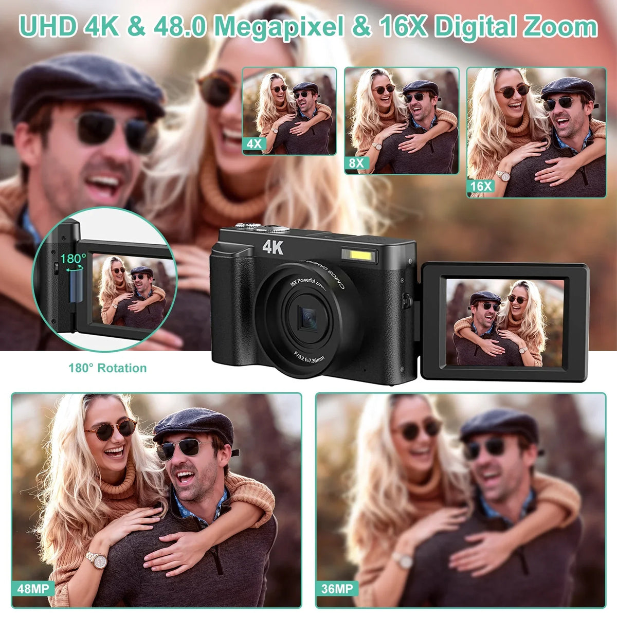 Vlogging Camera 4K Digital Camera for Photography Autofocus 16X Digital Zoom 48MP Video Cameras for YouTube with 32GB Card