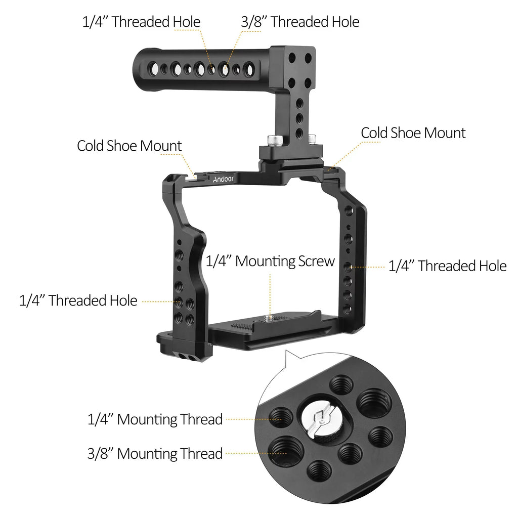 Andoer Camera Video Cage + Handle Kit Aluminum Alloy with Dual Cold Shoe Mounts Numerous 1/4 Inch Threads Replacement for Sony A7IV/ A7III/ A7II/ A7R III/ A7R II/ A7S II