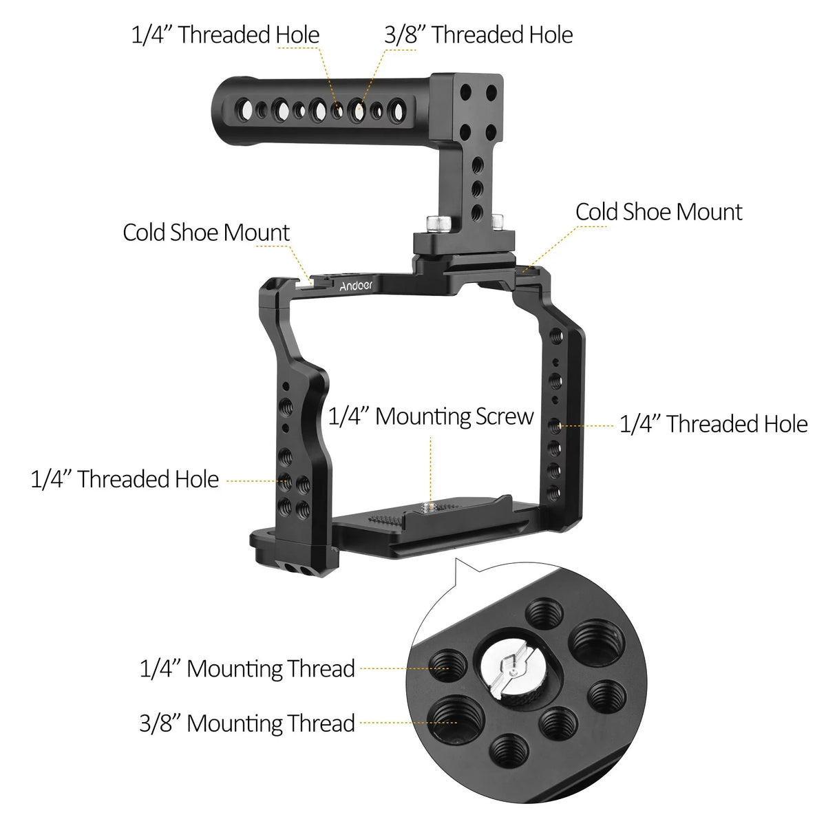 Andoer Camera Video Cage + Handle Kit Aluminum Alloy with Dual Cold Shoe Mounts Numerous 1/4 Inch Threads Replacement for Sony A7IV/ A7III/ A7II/ A7R III/ A7R II/ A7S II
