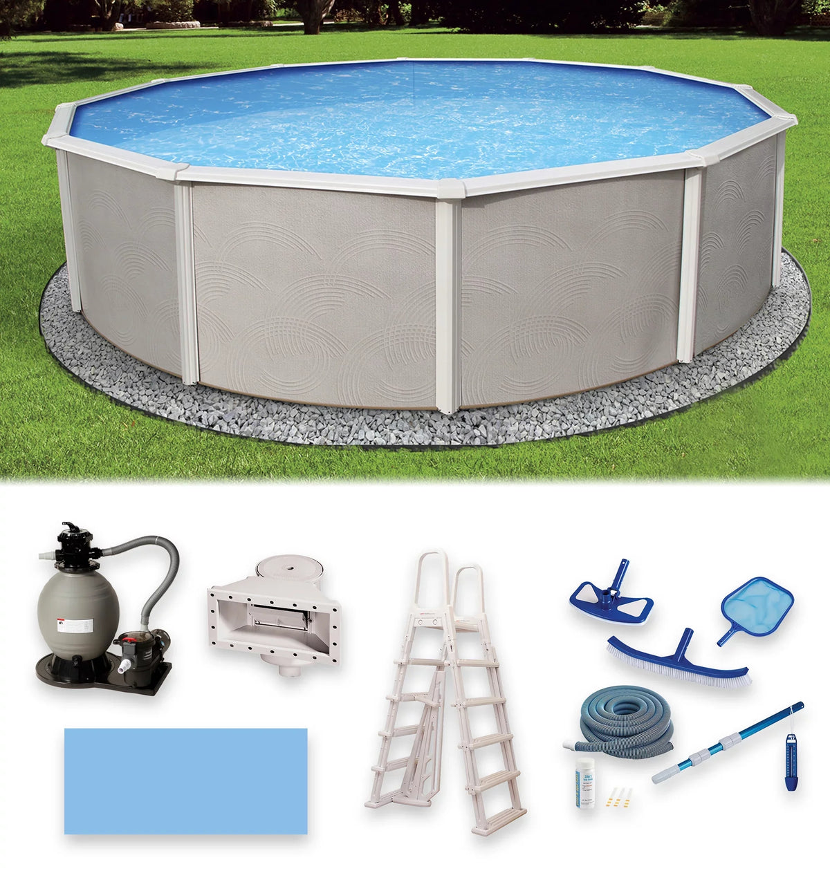 Belize 27-ft Round 52-in Deep 6-in Top Rail Metal Wall Swimming Pool Package