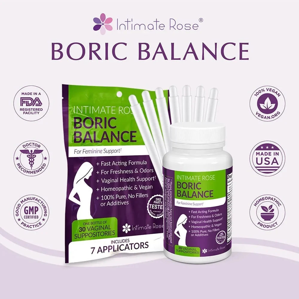Intimate Rose Boric Acid Suppositories, pH Balance for Women, Boric Acid Vaginal Suppositories for Yeast Infection, Vaginitis, Bacterial Vaginosis, 90-Count (600mg) + 21 Applicators - 100% made in USA