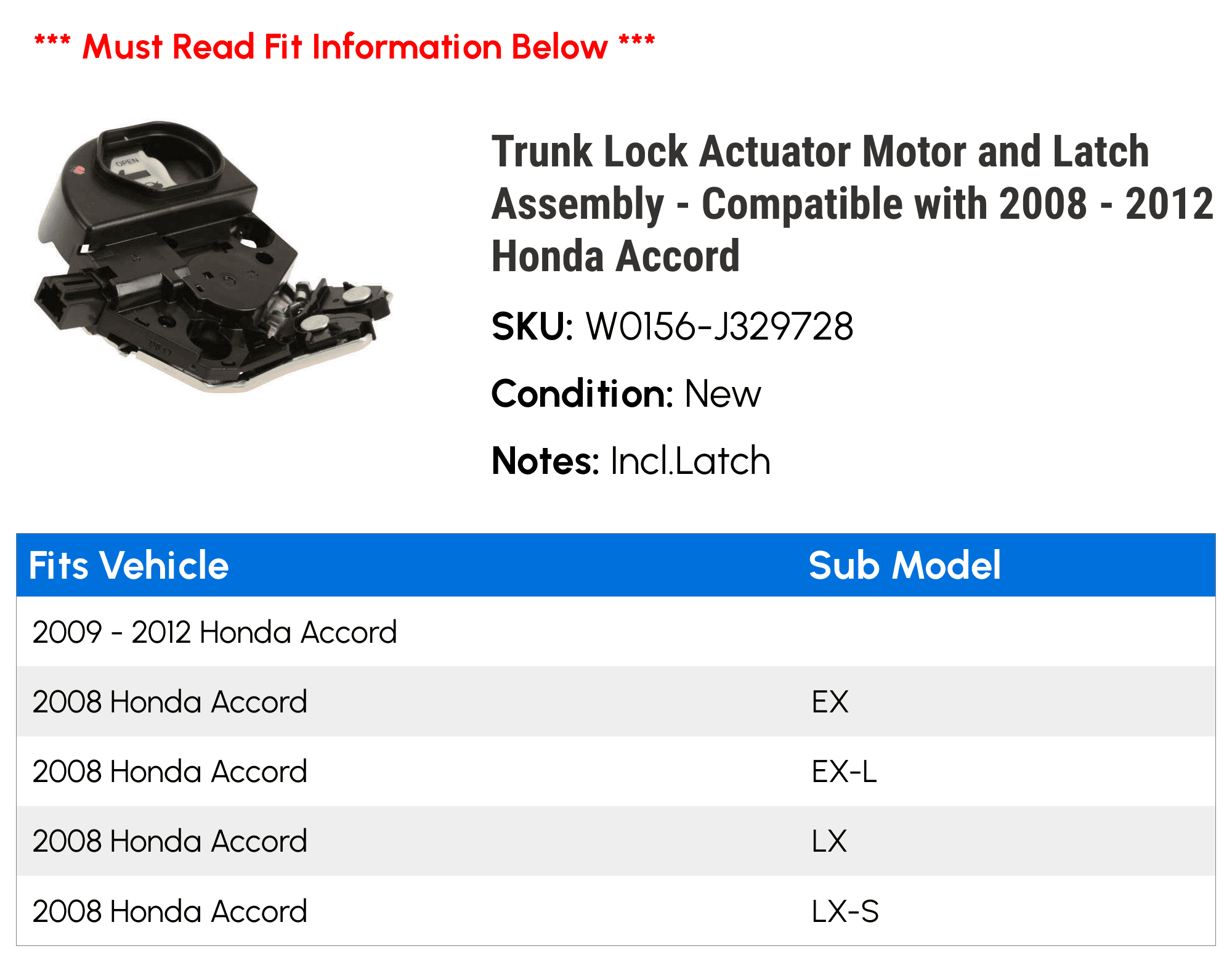 Trunk Lock Actuator Motor and Latch Assembly - Matching with 2008 - 2012 Honda Accord 2009 2010 2011